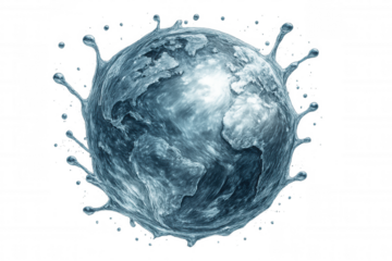 Watery planet sphere reflecting environmental challenges, transparent background highlighting global water resource fragility