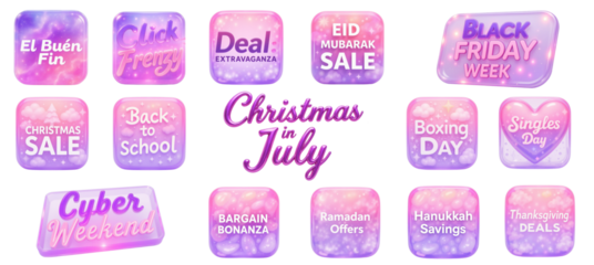Colorful sale buttons with festive text for events like Christmas, Black Friday, and Eid, on a transparent background, promotional concept of e-commerce or online retail