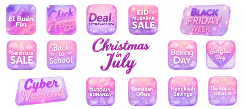 Colorful sale buttons with festive text for events like Christmas, Black Friday, and Eid, on a transparent background, promotional concept of e-commerce or online retail