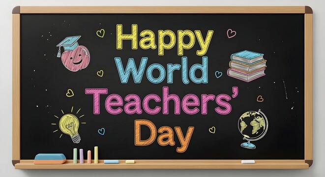 Classroom blackboard with Happy World Teachers' Day chalk lettering