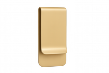 Golden money clip rendered in photorealistic 3d, floating against transparent backdrop for premium product marketing imagery