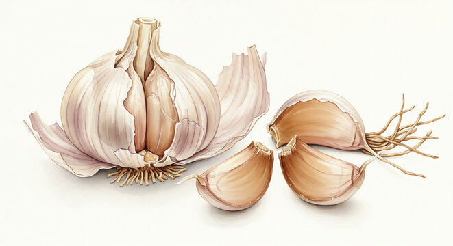 Artistic watercolor arrangement of a whole garlic bulb and individual cloves. Realistic botanical illustration for cooking and health concepts.