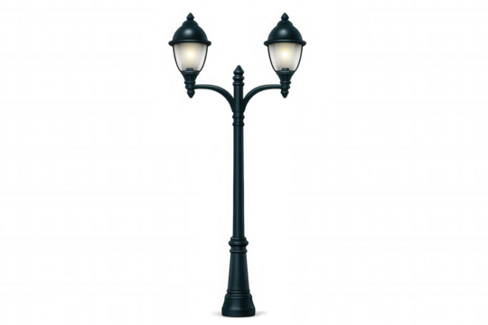Street lamp featuring dual glowing lanterns, casting urban light against transparent backdrop