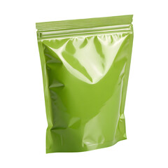 Shiny green stand up pouch with zipper isolated on transparent background