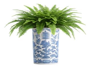 Lush green fern plant in a decorative blue and white ceramic vase isolated on transparent background