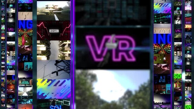 A large multimedia wall displaying a variety of video clips and abstract visuals, representing a mix of media, technology, and information. data, communication, and digital content