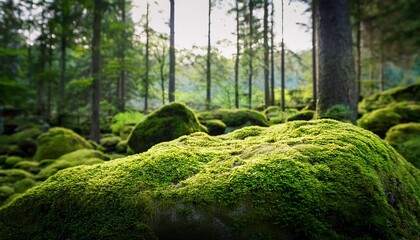 verdant moss covered rock in forest