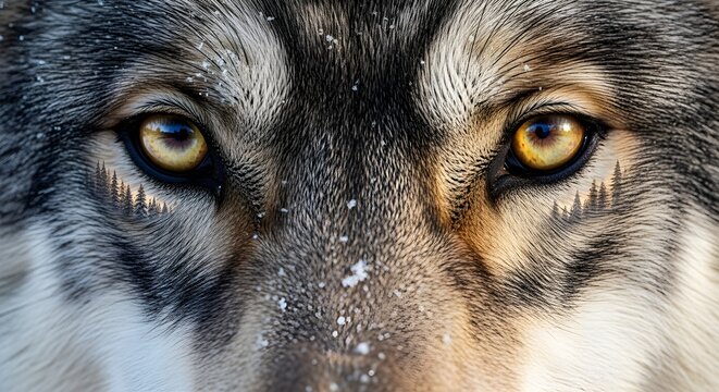 Close-up of wolf eyes with snowy forest reflection - Powered by Adobe