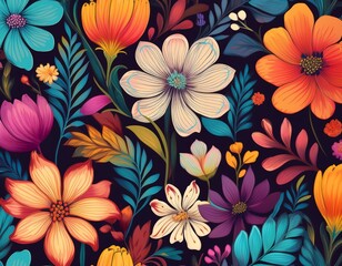 seamless floral pattern with colorful flowers blooming on dark background