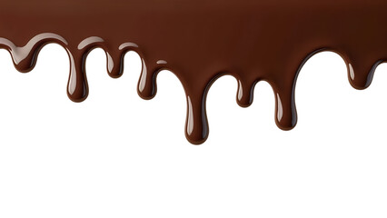 dark brown liquid melted chocolate dripping from above in white transparent png background cutout