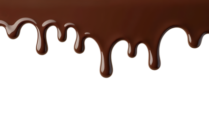 dark brown liquid melted chocolate dripping from above in white transparent png background cutout	