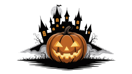 Spooky Halloween scene featuring jack-o-lanterns, haunted castle silhouette, dead trees, and bats on transparent background for party and seasonal decorations