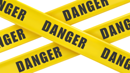 close-up view of multiple bright yellow caution tapes intersecting and overlapping each other with the text "DANGER" against a transparent png white background