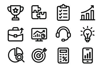 Set of bold black outline business icons for growth, strategy, and analytics. Heavy vector style on white background for dashboards, presentations, and corporate design