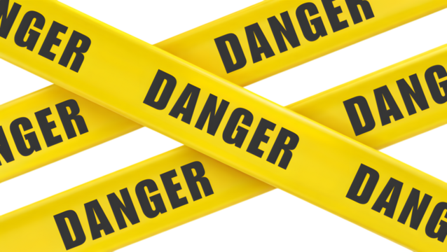 close-up view of multiple bright yellow caution tapes intersecting and overlapping each other with the text "DANGER" against a transparent png white background