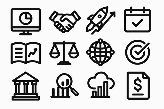Strong thick outline business icons for strategy, finance, and global connectivity. Clean white background, perfect for dashboards, reports, and presentations