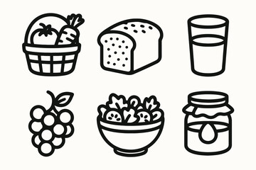 Black healthy food icon set with vegetables, bread, milk, grapes, salad, and honey for farm branding, grocery packaging, and recipe design. Outline vector on white background