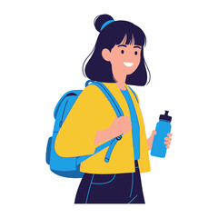 Young Girl's Joyful Stroll with Accessories: This delightful illustration showcases a cheerful young girl carrying a backpack and water bottle, embarking on a spirited journey.