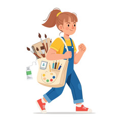 A young girl artist with art bag: A cheerful young girl with a spirited ponytail is striding with artistic confidence, her art bag overflowing with essentials.