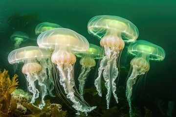 Obraz premium A mesmerizing swarm of jellyfish gracefully floats in the dark ocean, displaying their delicate tentacles and translucent bodies.
