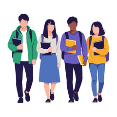 Educational Harmony: A diverse group of students strides forward, books and backpacks in tow, embodying the spirit of unity, the quest for knowledge, and the journey toward a bright future.