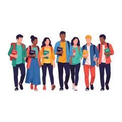 Obraz premium School Students: A diverse group of students, each carrying a book and backpack, stroll together. capturing the essence of unity and the anticipation of knowledge.