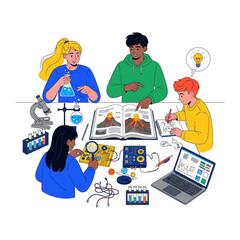 Scientific Exploration and Learning: A dynamic illustration showcases students immersed in an interactive science lesson, combining experimentation, bookwork, and collaborative teamwork.