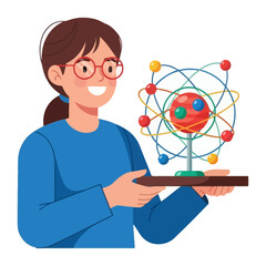 Science Tutor: A bright young scientist, glasses perched on their nose, examines a detailed atom model, in a vibrant flat illustration.