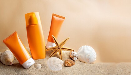 sunblock or sunscreen in cosmetic tubes and bottles on beach sand and beige background summer vacation and skin care concept with starfish and sea shells spf uv protect cosmetics skin health