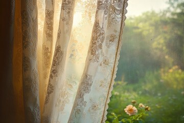 Lace curtains softly filter the morning light, revealing a lush green garden in the background.