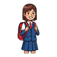 Schoolgirl with Backpack: A young schoolgirl with a bright smile wears a school uniform and carries a backpack, ready for a day of learning and adventure, exuding innocence and anticipation.