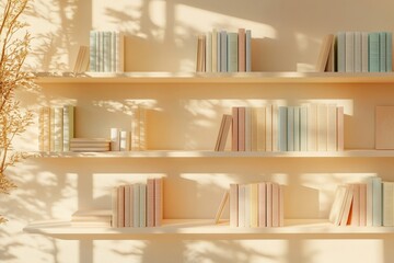A serene bookshelf with pastel-colored books arranged in an aesthetically pleasing manner, bathed in warm sunlight and subtle shadows.