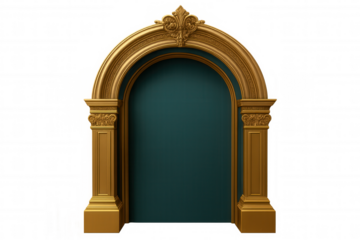 Ornate golden archway revealing intricate carved details, complementing rich teal backdrop with luxurious architectural elegance on transparent surface
