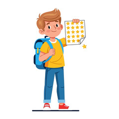 Student's Success: A cheerful student proudly displays a paper marked with numerous golden stars, symbolizing academic achievement and dedication.