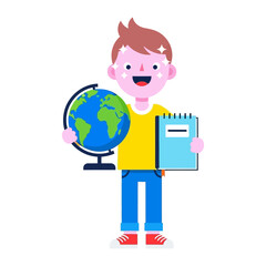 Enthusiastic Explorer: A young boy holds a globe and notebook, symbolizing a passion for learning and world exploration, represented through a vector illustration.