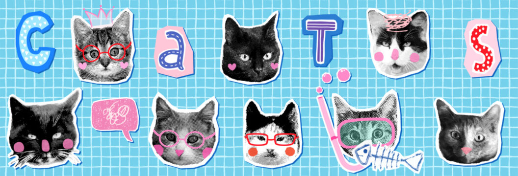 Cat halftone collage vector faces set, Funny animal heads graphic elements for brochures, packaging and banners