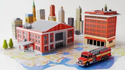 Fire station miniature with fire engine on a city map with miniature buildings, representing emergency services and urban planning