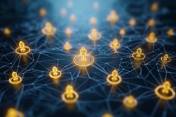 Glowing network of connected icons representing digital communication and data sharing