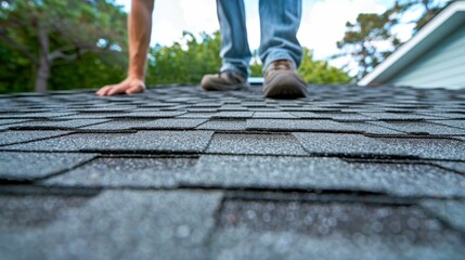 Roof worker conducts chimney repairs, prioritizing safety and long lasting durability