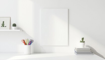 Minimalist white desk scene with blank canvas and office supplies bathed in soft sunlight creating a serene and productive workspace atmosphere