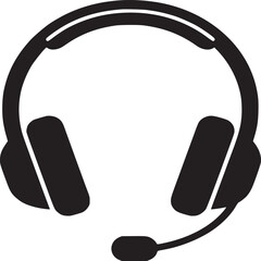 Obraz premium Minimalist headset icon with microphone. Black headphones vector silhouette for customer support, gaming, and call center communication.