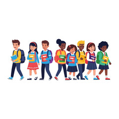 Fototapeta premium School Journey: A group of children, each with a backpack and book in hand, happily step together towards their educational destination, capturing the spirit of unity and shared purpose.