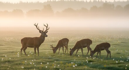 Fototapeta premium Family of deer grazing in misty morning meadow