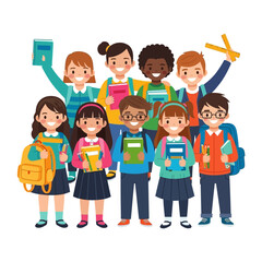 School Children Smiling: A cheerful gathering of diverse school children, ready for a day of learning, smiling brightly, embodying the joy and promise of education.