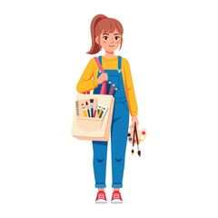 Creative Expression: A young woman, dressed in casual attire, confidently carries a canvas bag laden with artist's tools, including brushes and a palette, symbolizing her passion for art.