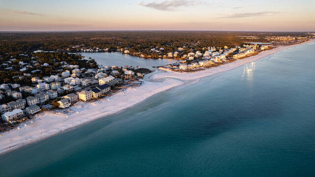 Aerial View of Florida&rsquo;s Scenic 30A Coastline Near Eastern Lake with Turquoise Waters and White Sand Beaches
