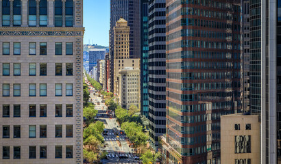 View down Market Street with iconic skyscrapers in San Francisco, California