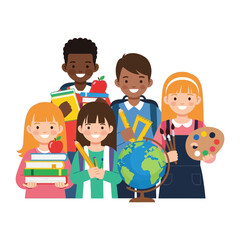 Cheerful School Journey: A diverse group of elementary school children stand together, holding books and supplies, smiling, symbolizing a group of young learners excited for a day of learning.