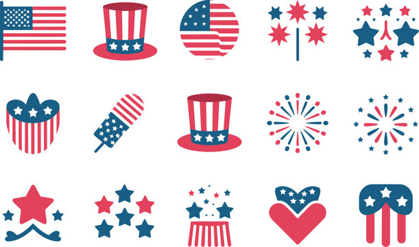 Collection of patriotic american symbols and fireworks for independence day celebrations