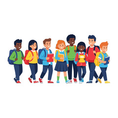 Fototapeta premium Young Scholars' Assembly: Illustrative portrayal of an ensemble of diverse young scholars with backpacks. This image encapsulates youthful aspiration and the promise of knowledge. 